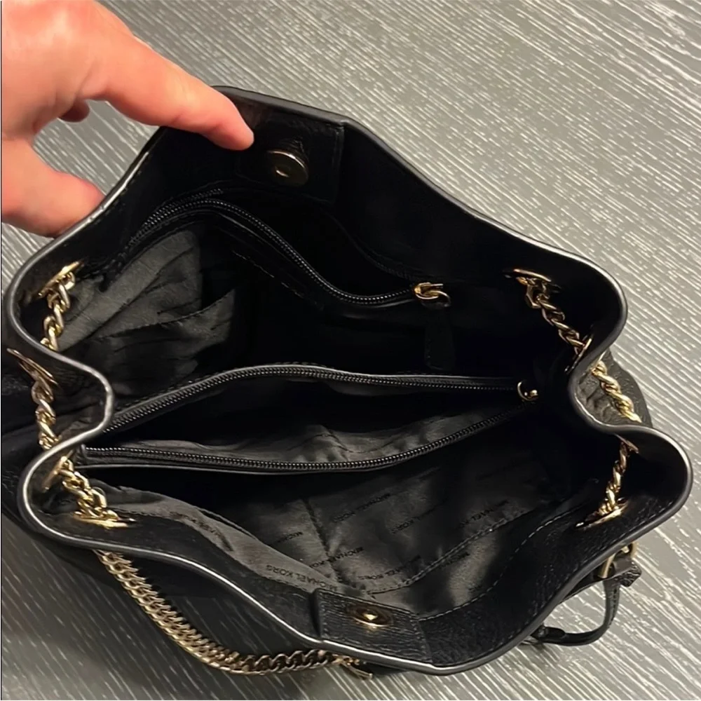 Michael Kors Black Pebbled Leather Shoulder Tote with Gold Chain Strap